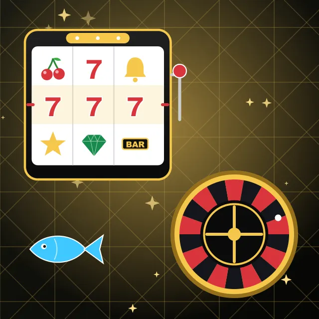 Spade69 pokies lobby Slot machine, roulette wheel and a blue fish from the Spade69 lobby